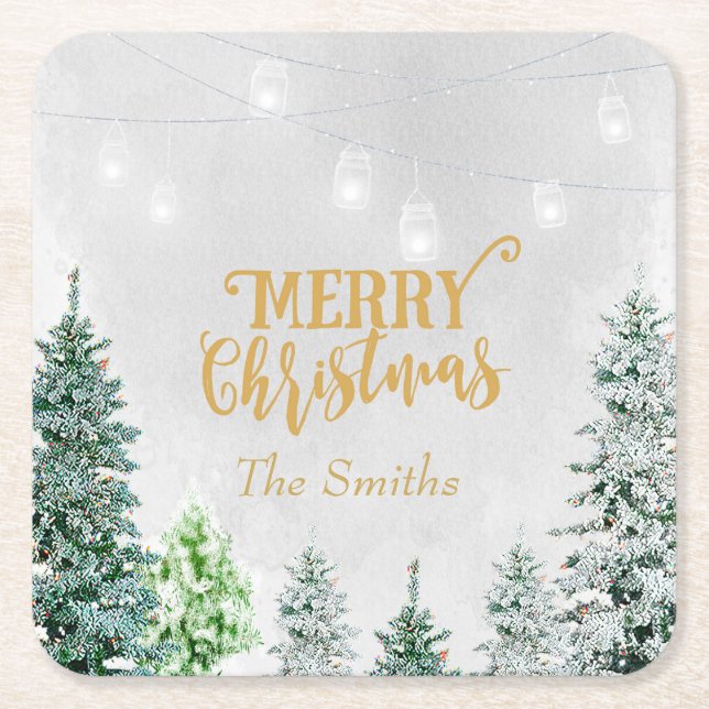 Merry Christmas holiday coaster snow winter trees (Front)
