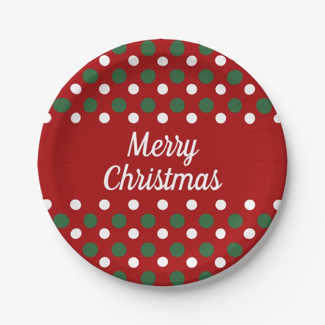 Merry Christmas Holiday Cute Red Polka Dots Paper Plate (Front)