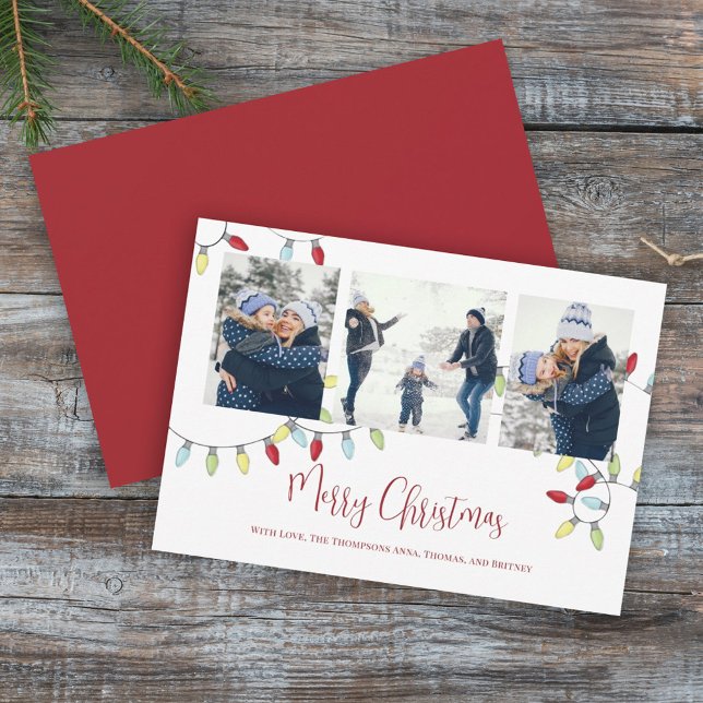 Merry Christmas Holiday Cute String Lights 3 Photo Card (Creator Uploaded)