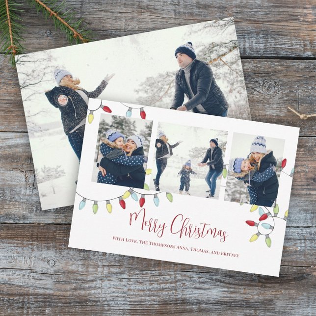 Merry Christmas Holiday Cute String Lights 4 Photo Card (Creator Uploaded)