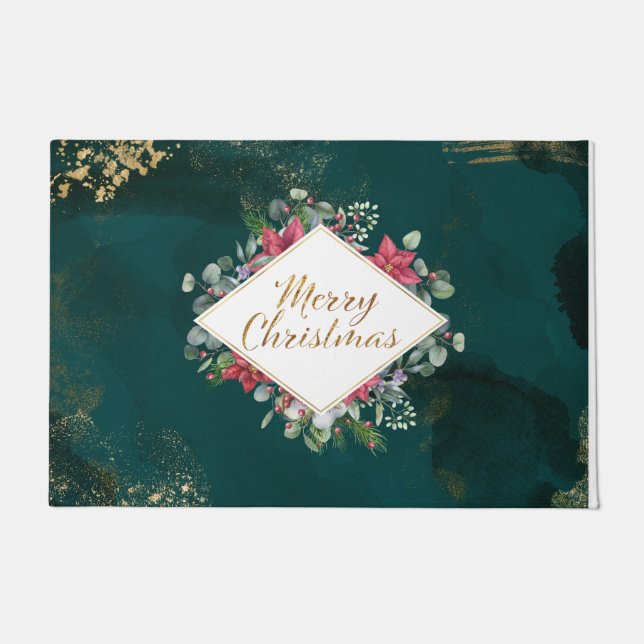 Merry Christmas Holiday Elegant Green Gold Red Doormat (Front)