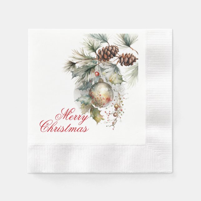 Merry Christmas Holiday Evergreen Ornament  Napkin (Front)