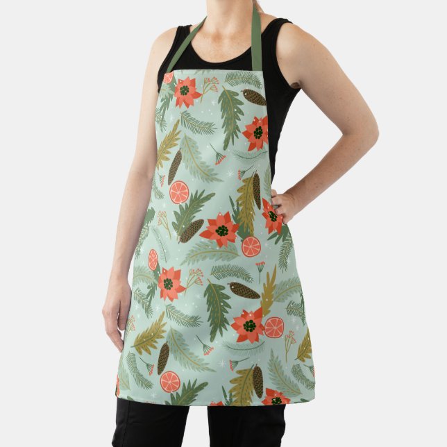 Merry Christmas Holiday Floral Poinsettia Pattern Apron (Insitu)