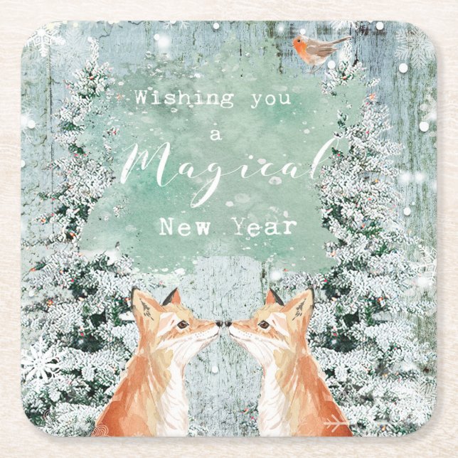 Merry Christmas holiday foxes winter trees Square Paper Coaster (Front)