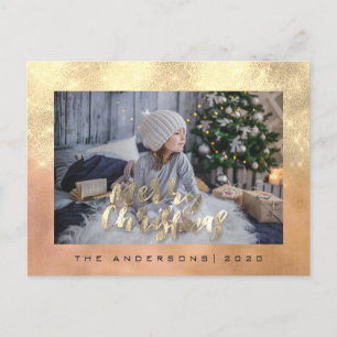 Merry Christmas Holiday Gold Cottage Photo Rose Postcard