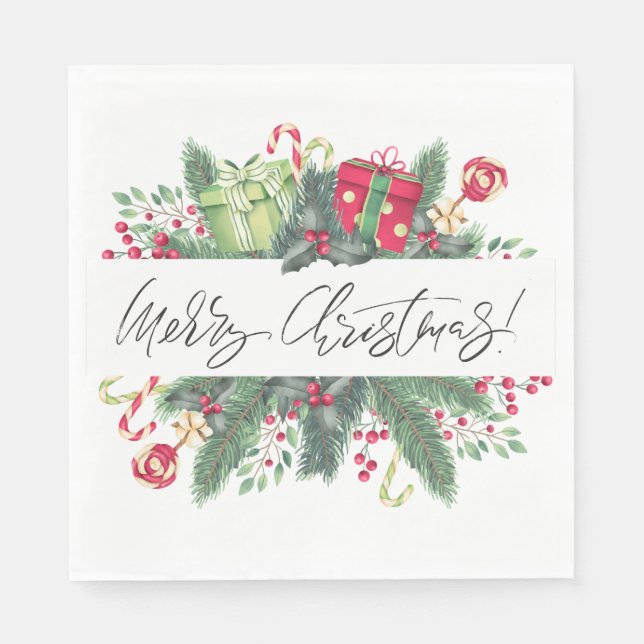 Merry Christmas Holiday Greenery Napkin (Front)
