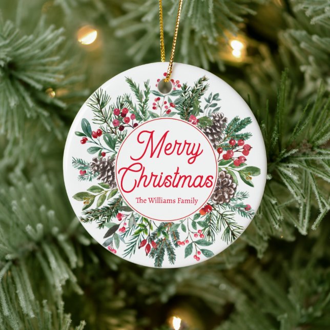 merry christmas  holiday greenery red script  ceramic tree decoration (Tree)