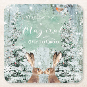 Merry Christmas holiday hares winter trees Square Paper Coaster