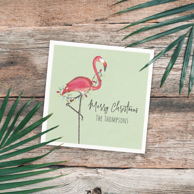 Merry Christmas Holiday Party Lights Pink Flamingo Napkin (Christmas holiday pink flamingo whimsical calligraphy script cocktail napkin,)