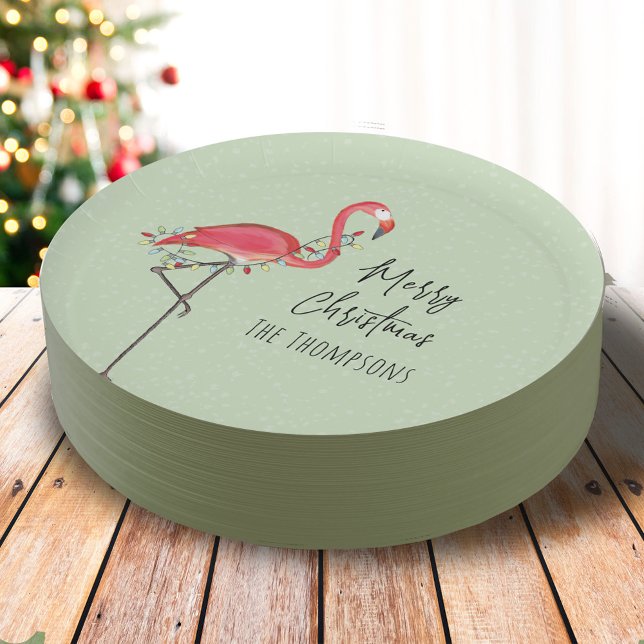 Merry Christmas Holiday Party Lights Pink Flamingo Paper Plate (Simple Merry Christmas cute pink flamingo calligraphy script paper plate)