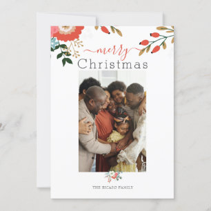 Merry Christmas Holiday Photo Floral Card