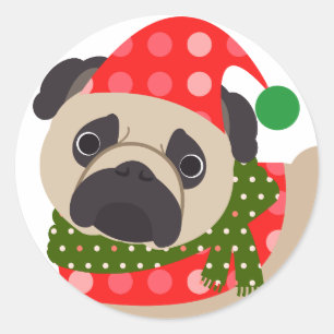 Merry Christmas Holiday Pug Dog Classic Round Sticker