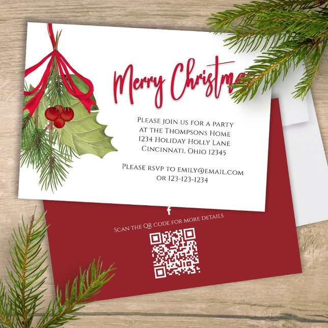 Merry Christmas Holiday Red Calligraphy QR Code Invitation (Merry Christmas calligraphy party invitation with watercolor winter greenery and foliage. )