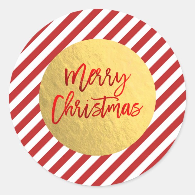 Merry Christmas Holiday Red Stripes Gold Foil Classic Round Sticker (Front)