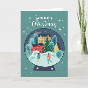 Merry Christmas   Holiday Skaters Snow Globe Card