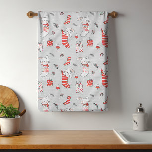 Merry Christmas Holiday Stocking Cats and Rabbits Tea Towel