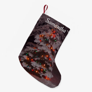 Merry Christmas Holiday Tree Lights in Snow Small Christmas Stocking