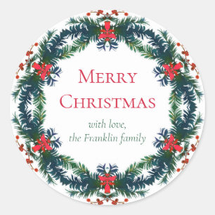 Merry Christmas Holiday Wreath Classic Round Sticker