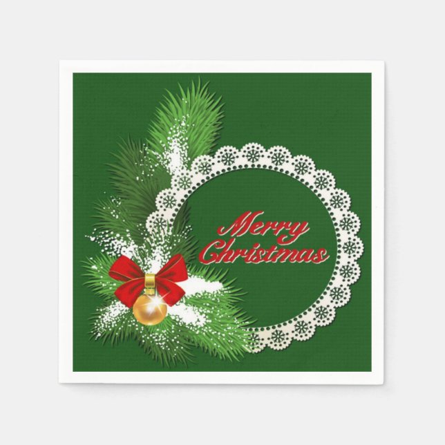Merry Christmas Holiday Wreath Green Napkins (Front)