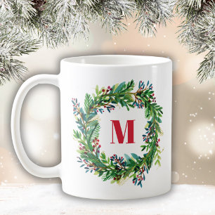 Merry Christmas Holiday Wreath Monogram Initial Coffee Mug