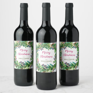 Merry Christmas Holiday Wreath Wine Label