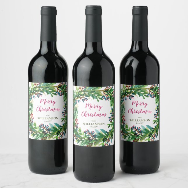 Merry Christmas Holiday Wreath Wine Label (Bottles)
