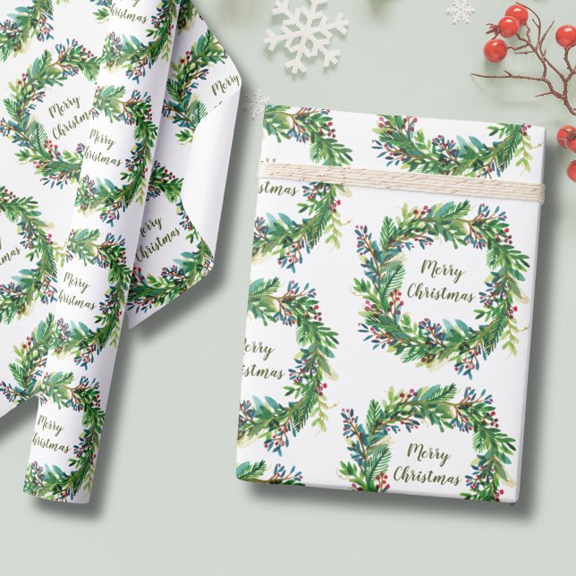 Merry Christmas Holiday Wreath Wrapping Paper (Christmas Holiday Wreath Wrapping Paper with Merry Christmas text. greenery botanical eucalyptus)
