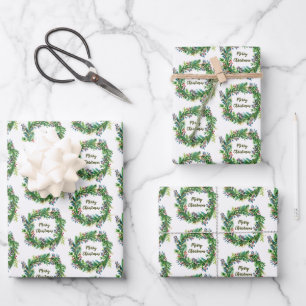 Merry Christmas Holiday Wreath Wrapping Paper Sheet
