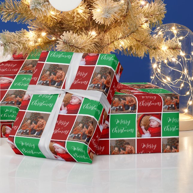 Merry Christmas holidays family photo collage red  Wrapping Paper (Holidays)