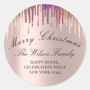 Merry Christmas Holidays RSVP Rose Holographic Classic Round Sticker