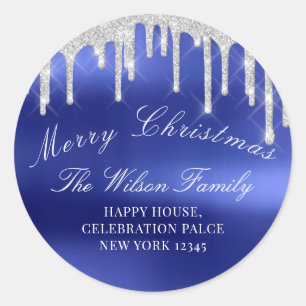 Merry Christmas Holidays RSVP Silver Royal Blue Classic Round Sticker