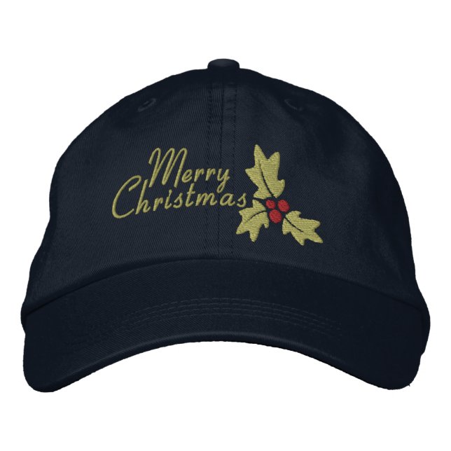 Merry Christmas Holly And Berries Embroidered Hat (Front)