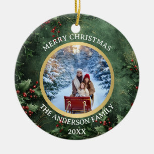 Merry Christmas Holly and Berries Family Ceramic  Tree Decoration