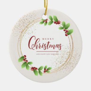 Merry Christmas Holly and Gold Glitter Wreath Ceramic Tree Decoration
