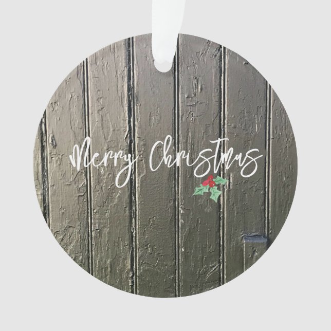 Merry Christmas Holly Barn Door Family Photo Ornament (Front)