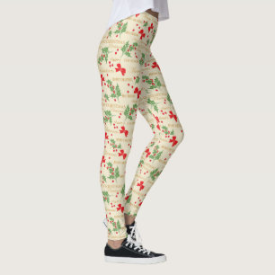 Merry Christmas, Holly, Berries and Red Bows Leggings