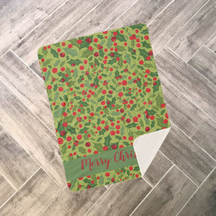 Merry Christmas Holly Berries Green Red Pattern Sherpa Blanket