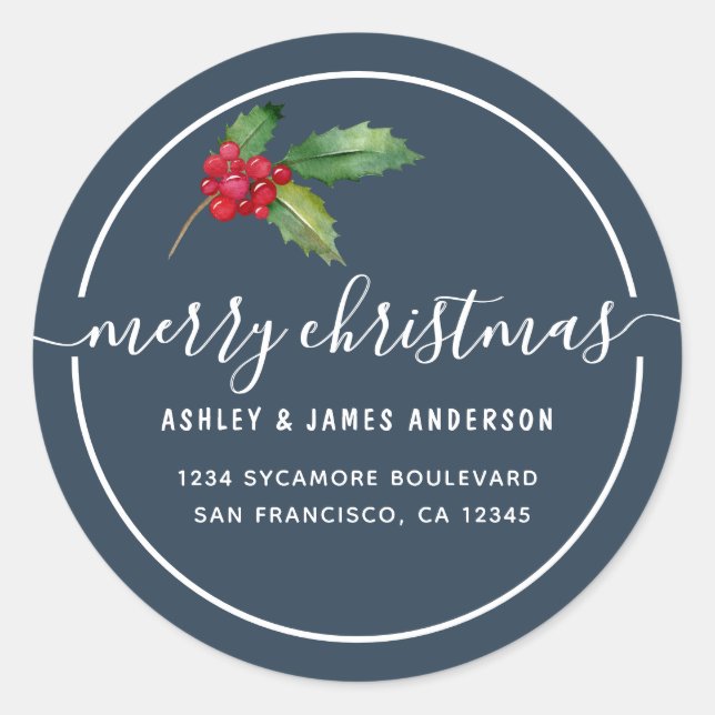 Merry Christmas Holly Berries New Address Classic Round Sticker (Front)