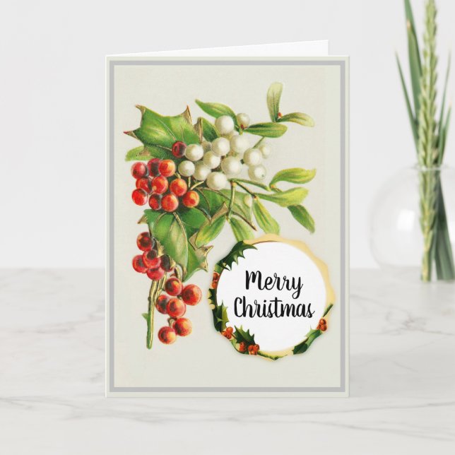 Merry Christmas Holly Berries Vintage Card (Front)