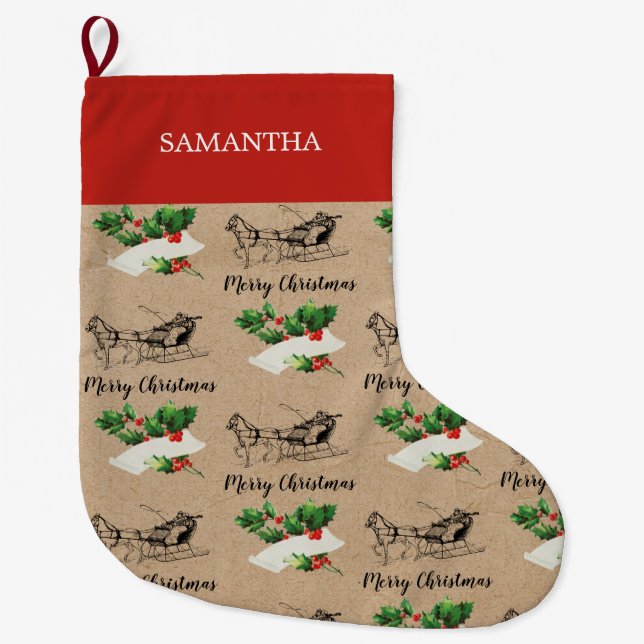 Merry Christmas Holly Berries Winter Kraft Brown   Large Christmas Stocking (Front)