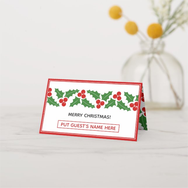Merry Christmas holly berry border folded escort Place Card (Front)