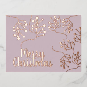 Merry Christmas Holly Berry Gold Pressed Blush Foil Holiday Postcard