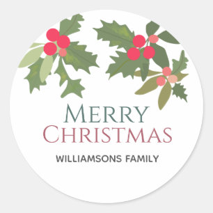 Merry Christmas holly berry holiday Classic Round Sticker