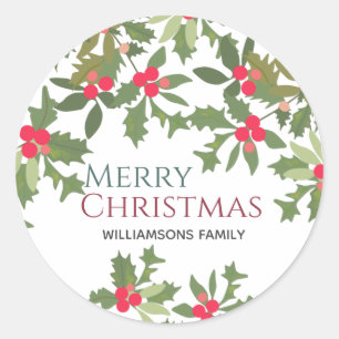 Merry Christmas holly berry holiday Classic Round Sticker