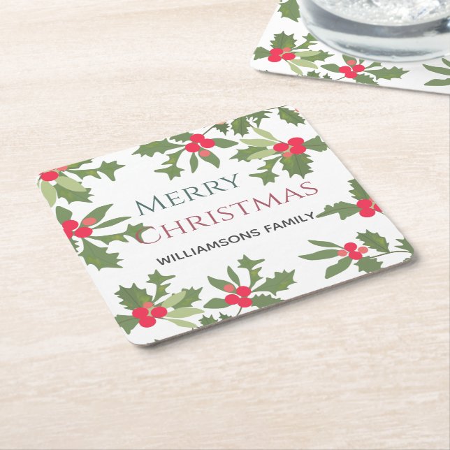 Merry Christmas holly berry  holiday        Square Paper Coaster (Angled)
