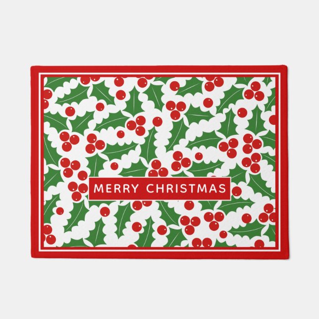 Merry Christmas holly berry pattern Doormat (Front)