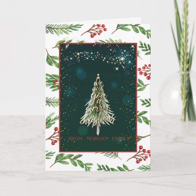  Merry Christmas,Holly Berry,Pine Tree Holiday Card (Front)