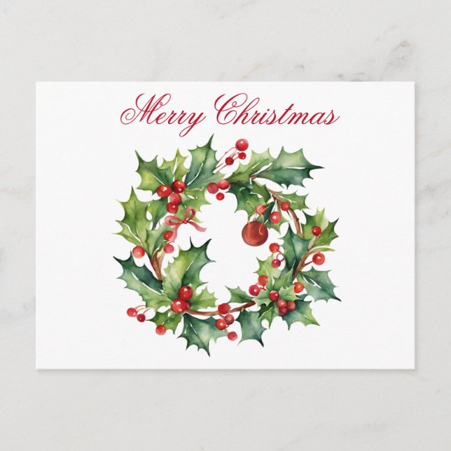 Merry Christmas Holly Berry Wreath  Holiday Postcard (Front)