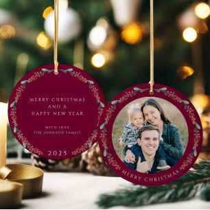 Merry Christmas Holly Botanical Photo Ceramic Tree Decoration