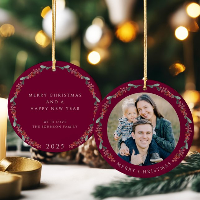 Merry Christmas Holly Botanical Photo Ceramic Tree Decoration (Merry Christmas Holly Botanical Photo Ceramic Ornament)